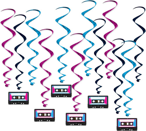 Cassette Tape 80's Decades Retro Music Theme Party Hanging Decoration Whirls