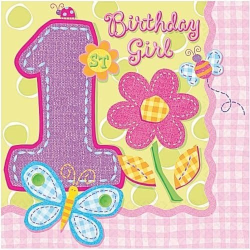 Hugs & Stitches Girl Pink Kids First 1st Birthday Party Paper Beverage Napkins