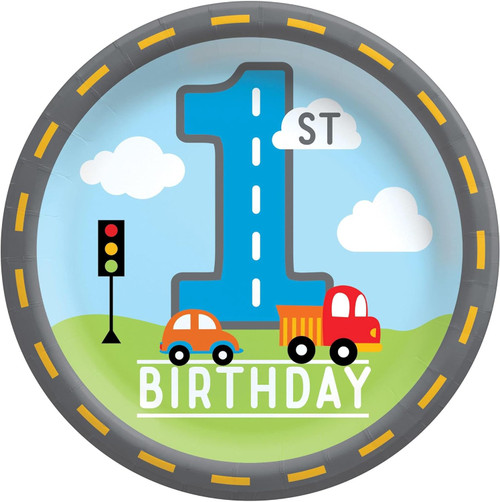 On the Road Cars Trucks Cute Kids 1st Birthday Party 8.5" Paper Dinner Plates