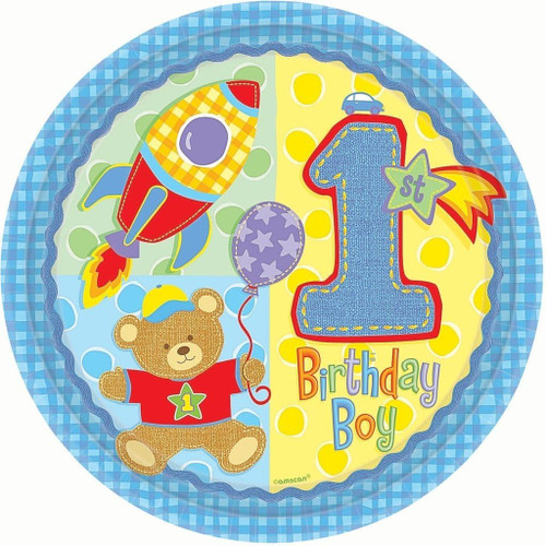 Hugs & Stitches Boy Blue First 1st Birthday Party 10.5" Paper Banquet Plates