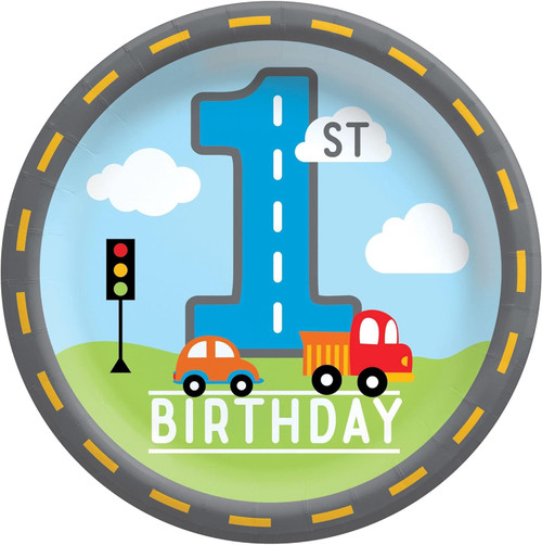 On the Road Cars Trucks Cute Kids 1st Birthday Party 6.75" Paper Dessert Plates