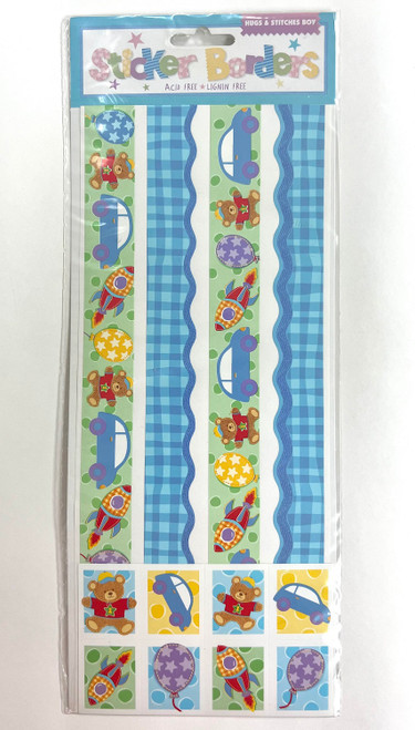 Hugs & Stitches Boy Blue First 1st Birthday Party Favor Scrapbook Sticker Border
