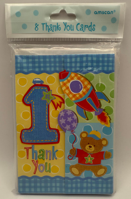 Hugs & Stitches Boy Blue Kids First 1st Birthday Party Thank You Notes
