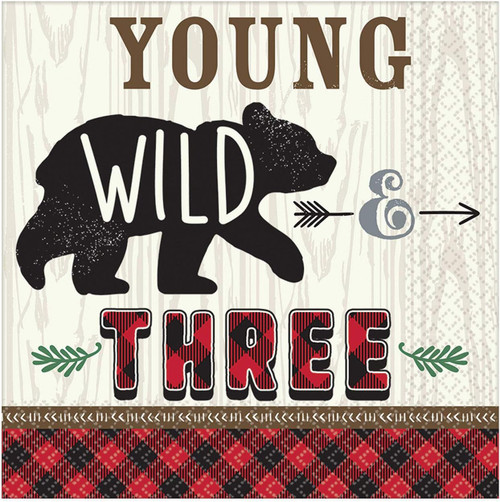 Little Lumberjack Buffalo Plaid Bear Kids 3rd Birthday Party Luncheon Napkins