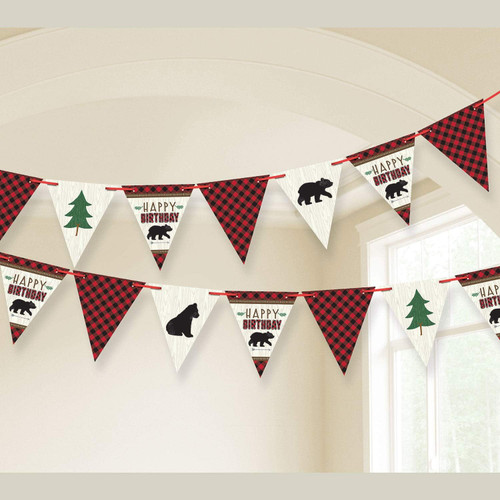 Little Lumberjack Buffalo Plaid Bear Birthday Party Decoration Pennant Banner