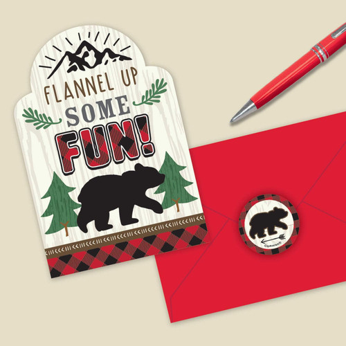 Little Lumberjack Buffalo Plaid Bear Kids Birthday Party Invitations w/Envelopes