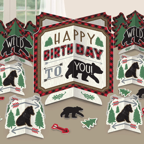 Little Lumberjack Buffalo Plaid Bear Kids Birthday Party Table Decorating Kit