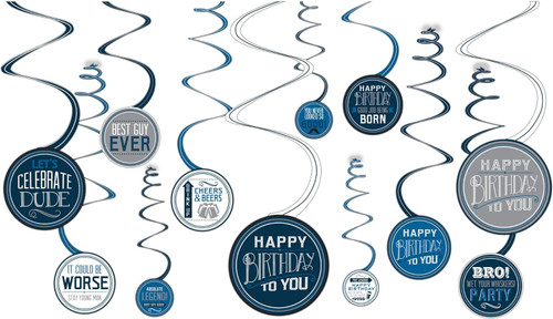 Happy Birthday Man Blue Black Adult Birthday Party Hanging Swirl Decorations
