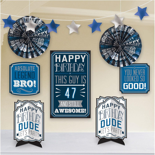 Happy Birthday Man Blue Black Adult Birthday Party Room Decorating Kit