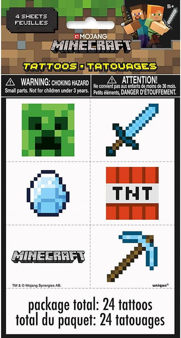 Minecraft Movie Mojang Game Kids Birthday Party Favor 24 ct. Temporary Tattoos