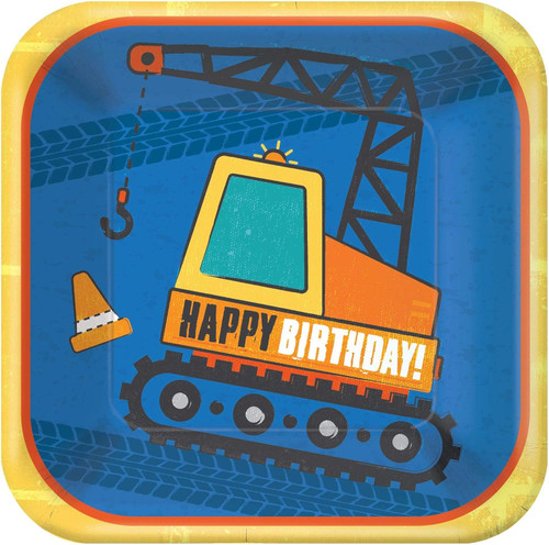 ConstruZone Tractor Boys Kids Birthday Party 7" Square Paper Dessert Plates