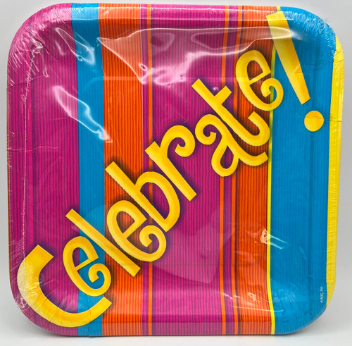 Celebration Brights Stripe Cocktail Birthday Party 9" Square Dinner Plates