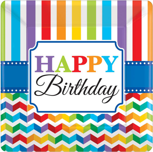 Bright Birthday Chevron Stripes Colors Party 10.25" Square Paper Banquet Plates