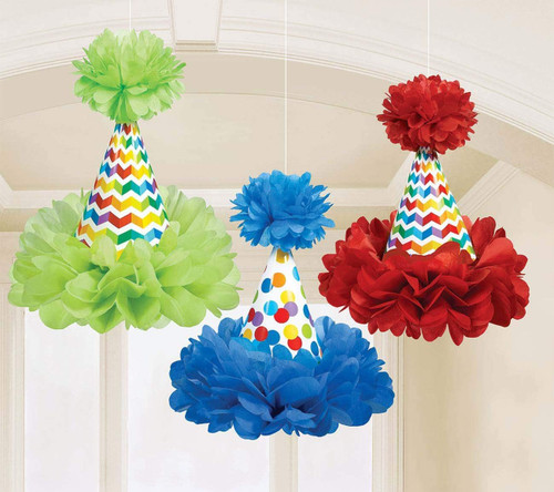 Bright Birthday Chevron Stripes Colors Party Hanging Cone Hat Fluffy Decorations