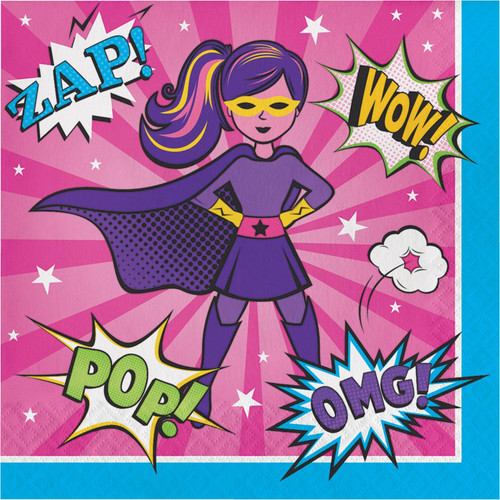 Girl Superhero Comic Book Hero Pink Birthday Party Paper Luncheon Napkins