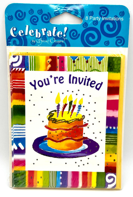 Party Time Birthday Cake Fiesta Stripe Birthday Party Invitations w/Envelopes
