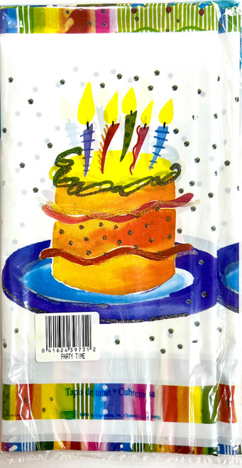 Party Time Birthday Cake Fiesta Stripe Art Birthday Party Plastic Tablecover