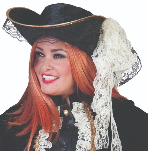 Velvet Pirate Hat White Black Lace Fancy Dress Halloween Adult Costume Accessory