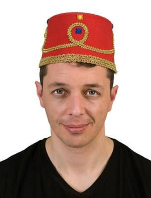 Embellished Fez Hat Moroccan Red Fancy Dress Halloween Adult Costume Accessory
