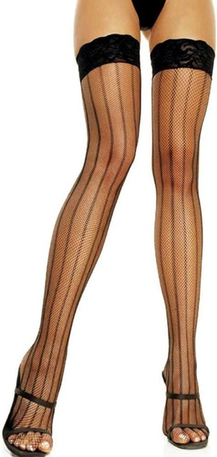 Vertical Striped Fishnet Thigh Highs Black Fancy Dress Adult Costume Accessory