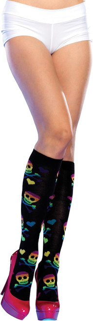 Rainbow Skull Crossbones Knee Highs Fancy Dress Halloween Costume Accessory