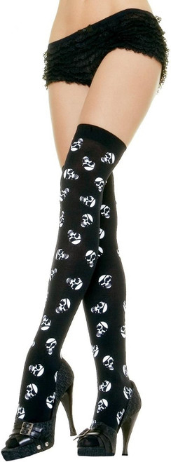 Nylon Thigh Highs w/Pirate Skull Print Black Fancy Dress Adult Costume Accessory