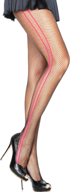 Fishnet Pantyhose w/Woven Contrast Side Stripes Black Pink Costume Accessory