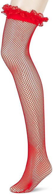 Fishnet Thigh Highs w/Lace Ruffle Top Stockings Red Halloween Costume Accessory