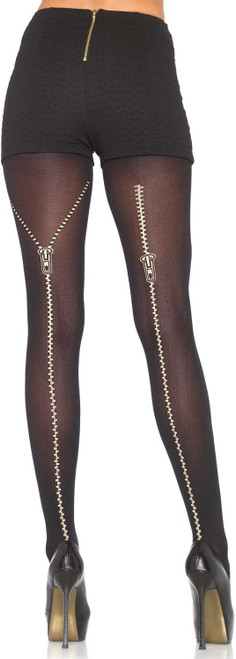 Opaque Metallic Zipper Print Backseam Pantyhose Black Adult Costume Accessory