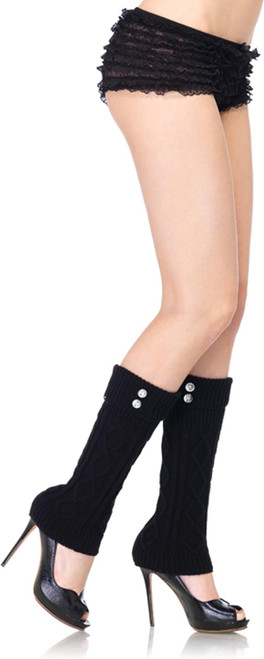 Cable Knit Leg Warmers w/Faux Rhinestone Jewels Black Adult Costume Accessory
