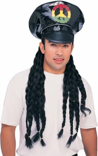 Black Vinyl Rasta Hat w/Hair Jamaican Fancy Dress Up Halloween Costume Accessory