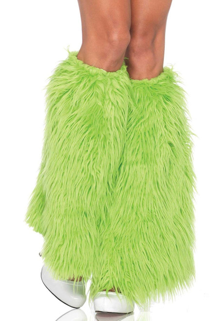 Furry Leg Warmers Neon Green Rave Boot Covers Halloween Adult Costume Accessory