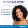 Smiling woman with curly hair, additional hair support with Omega Beauty graphic