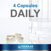 Capsules beside a glass of water, 4 capsules daily graphic