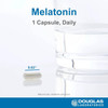Melatonin capsule shown at 0.63 inches long, 1 capsule daily graphic