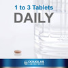 Tablet beside a glass of water, 1 to 3 tablets daily graphic