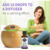 Woman relaxing beside a wooden diffuser, add 10 drops to a diffuser graphic