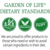 Garden of Life dietary standards graphic with gluten-free, vegetarian and RAW icons