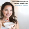 Woman eating yogurt, grass fed bovine collagen peptides plus probiotics graphic