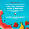 Chews come in Berry Cherry, Strawberry Banana or Watermelon organic flavors graphic with fruit