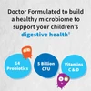 Doctor Formulated kids probiotic graphic with 14 probiotics, 5 billion CFU and vitamins C and D icons