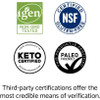 Non-GMO tested, NSF certified gluten-free, keto certified and paleo friendly certification logos