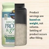 Protein & Greens tub cutaway, product servings are based on weight, not volume graphic