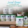 Perfect Food canisters and bottles on a counter, juiced greens in powders or capsules