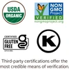 USDA Organic, Non-GMO Project Verified, Certified Gluten Free and kosher logos, third-party certifications