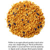 Pile of bee pollen granules with sourcing note
