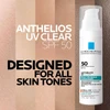Anthelios UV Clear bottle on skin tones with Designed for All Skin Tones text