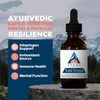 Tulsi Drops bottle on a rock, Ayurvedic super herb graphic with feature icons