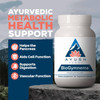 BioGymnema bottle on a rock, Ayurvedic metabolic health support graphic with feature icons
