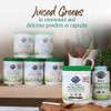 Perfect Food canisters on a kitchen shelf, juiced greens in powders or capsules graphic